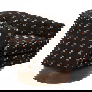 A Milo Baughman tub chair, circa 1970: A Milo Baughman tub chair, circa 1970, upholstered in black geometric pattern fabric on wood base, 27?h x 30.5?w; 17?h (seat)