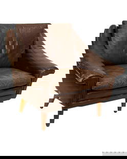 A Danish Modern dark brown leather upholstered lounge chair, circa 1960?s: A Danish Modern dark brown leather upholstered lounge chair, circa 1960?s, raised on teak legs, 38?w; 23?h (seat)?