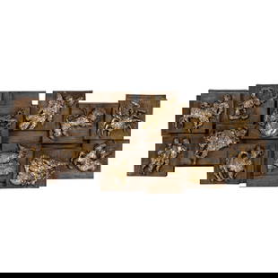 A Brutalist faux bois and metal panel with Zodiac figures: A Brutalist faux bois and metal panel with Zodiac figures, Finesse Originals, 1972, incised '(c) Finesse Originals '73', 25.25"h x 62.5"w