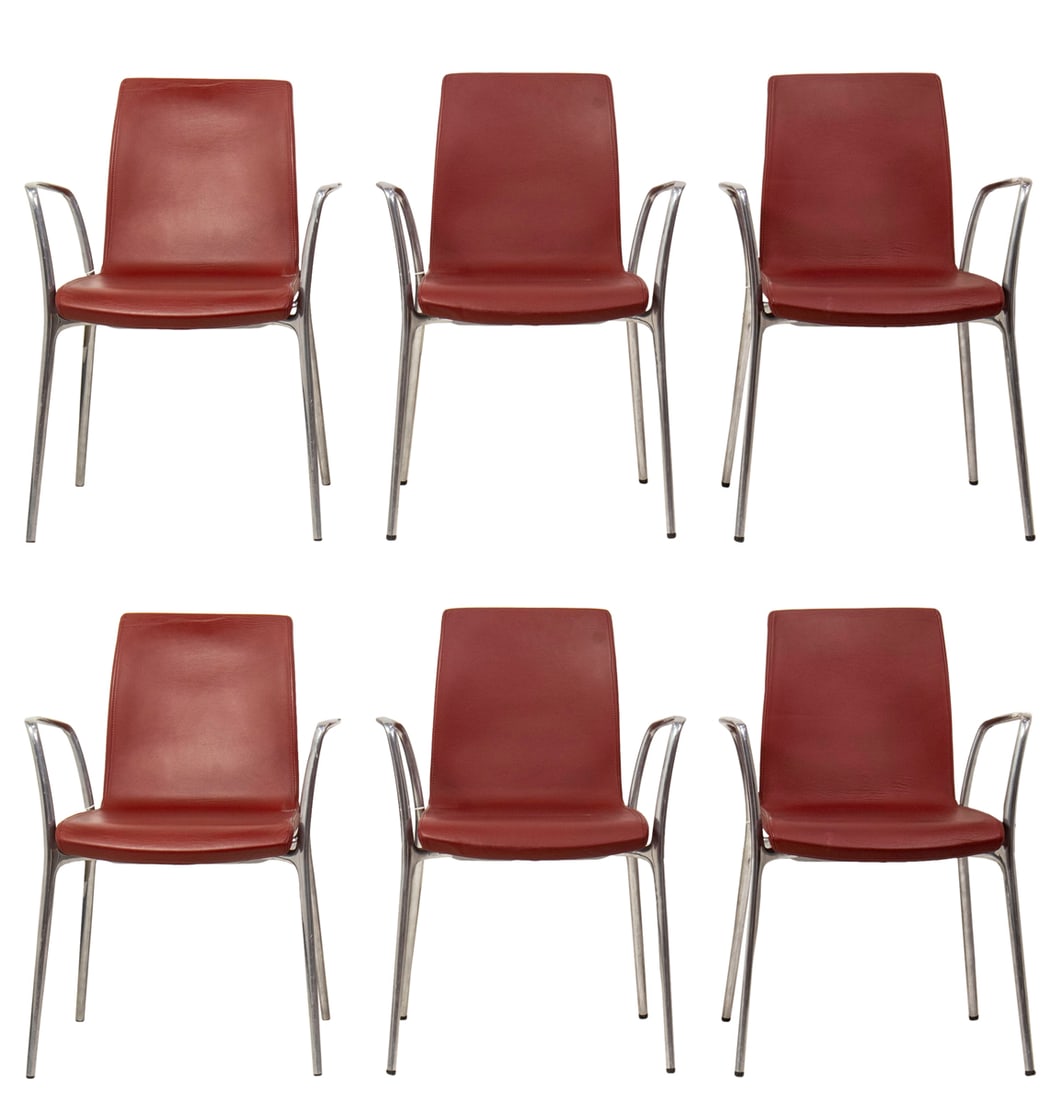 A set of six Jorge Pensi for AKABA ?Gorka? stackable dining chairs, Spain, 1993: A set of six Jorge Pensi for AKABA ?Gorka? stackable dining chairs, Spain, 1993, each with fully leather upholstered high-back with polished aluminum arms, 38.75?h x 22.5"w x 21"d