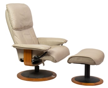 A Norweigan Ekornes ivory leather upholstered lounge chair with matching ottoman