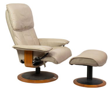 A Norweigan Ekornes ivory leather upholstered lounge chair with matching ottoman: A Norweigan Ekornes ivory leather upholstered lounge chair with matching ottoman, the reclining, revolving chair with paper label, chair: 40.5"h x 32"w x 32"d; ottoman: 16"h x 9.5"w x 15"d