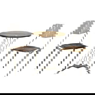 A Robert Josten aluminum and wood bistro set: A Robert Josten aluminum and wood bistro set, 1970s/80s, comprising two chairs and a round table, chair 34.75"h x 18.5"w; seat 18"h; table 29"h x 24"dia