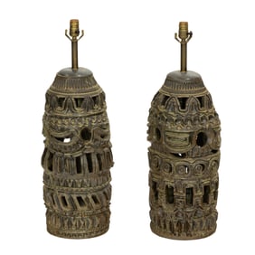 A pair of Brutalist brown glazed ceramic lamps