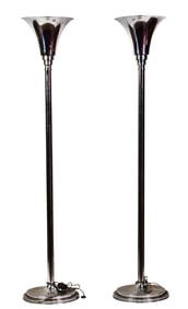 A pair of Robert Mallet-Stevens (1886-1945) chromed metal torchiere floor lamps