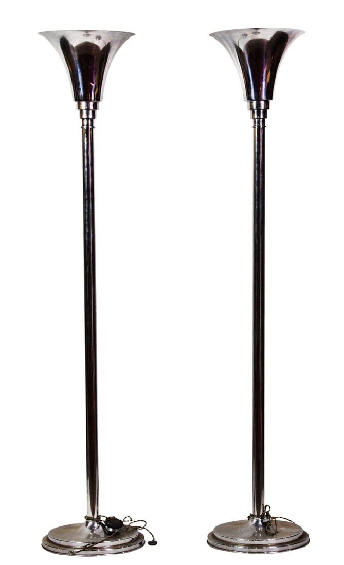 A pair of Robert Mallet-Stevens (1886-1945) chromed metal torchiere floor lamps (1 of 4)
