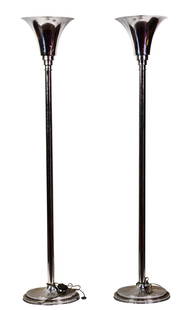 A pair of Robert Mallet-Stevens (1886-1945) chromed metal torchiere floor lamps: A pair of Robert Mallet-Stevens (1886-1945) chromed metal torchiere floor lamps, circa 1970s, 67.5?h x 14"dia
