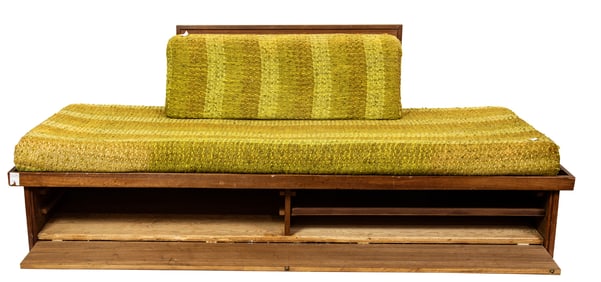 A Modern platform sofa in original gold textured upholstery with storage drawer
