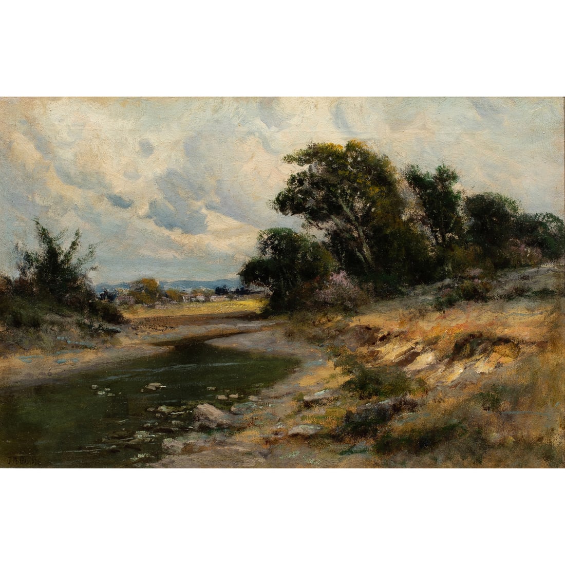 Painting, John Marshall Gamble: John Marshall Gamble (American, 1863-1957), Untitled (Stream Through the Valley), oil on canvas, signed lower left, canvas: 16"h x 24"w, overall (with frame): 23.25"hx 31.25"w