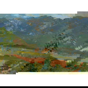 Painting, Franz Bischoff: Franz Bischoff (American,1864-1929), "Pasadena Landscape with Cabin," oil on canvas board, signed lower right, gallery title label (Trotter Galleries, Pacific Grove, CA) affixed verso, board: 13"h x 1
