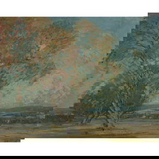 Painting, Bruce Nelson: Bruce Nelson (American, 1888-1971), "Scene from Campus," oil on canvas, signed lower left, signed and titled on the stretcher bar verso, label (Stanford Museum Lending Collection) affixed verso, canva