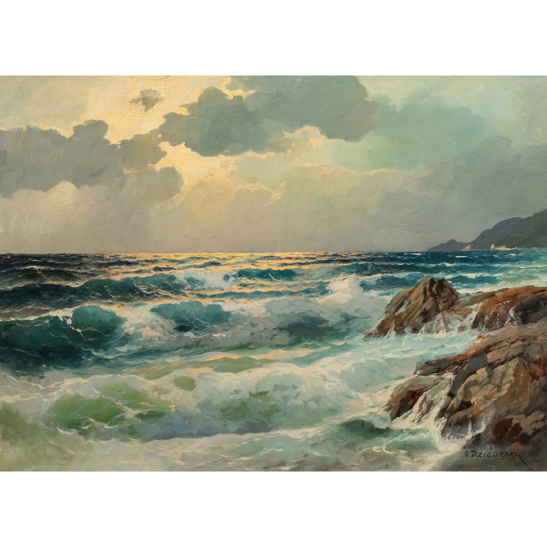 Painting, Alexander Dzigurski: Alexander Dzigurski (American, 1911-1995), Moss Beach, San Francisco, oil on canvas, signed lower right, canvas: 28"h x 38"w, overall (with frame): 35"h x 45"w