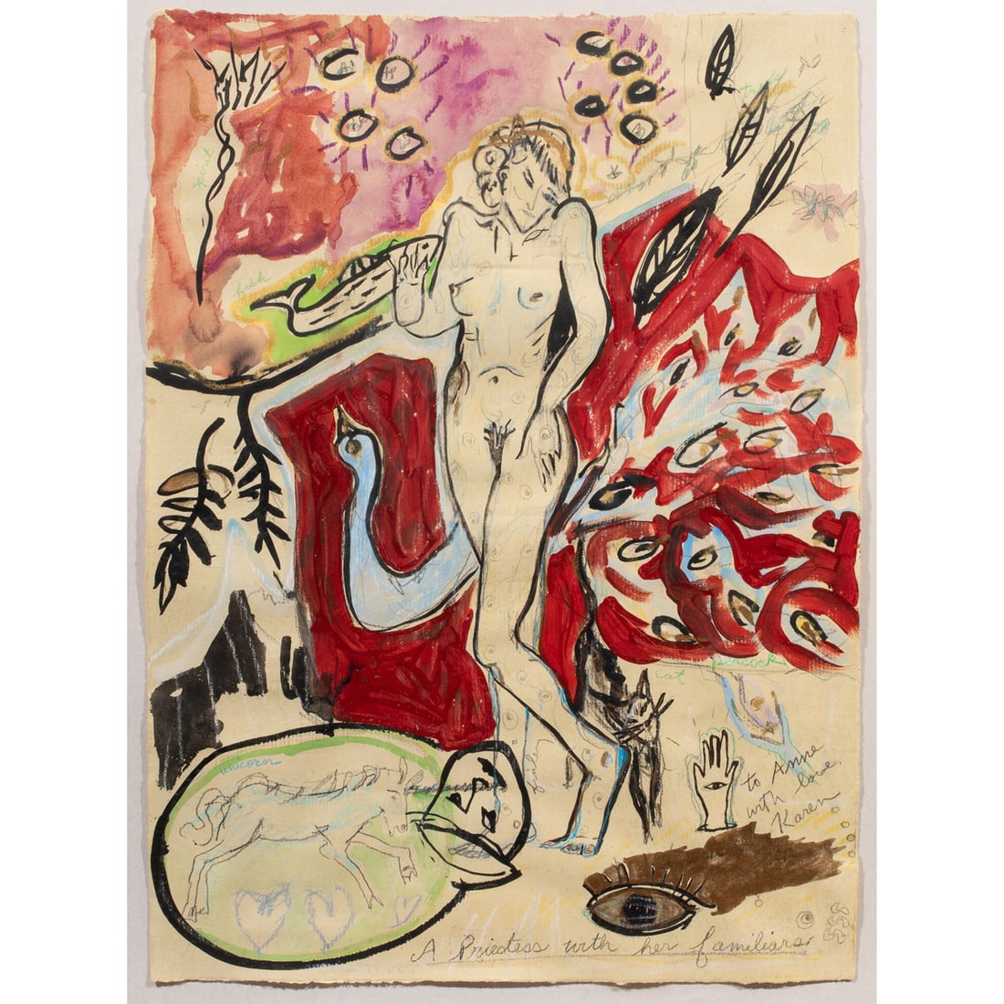 Work on paper, Karen Finley: Karen Finley (American, b. 1956), "A Priestess with her Familiars," mixed media on paper, signed and dedicated lower right, sheet: 26"h x 19"w, overall (with frame): 33"h x 26"w. Provenance: Estate of