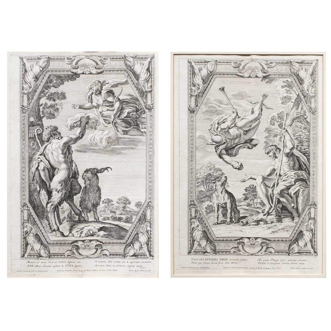Prints, After Annibale Carracci and Pietro Aquila: (lot of 2) After Annibale Carracci (Italian, 1560-1609), "Pan and Diana" and "Mercury and Paris" from "Scenes from the Farnese Gallery," etchings with engraving, engraved by Pietro Aquila (Italian, 16
