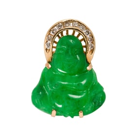 A jade, diamond, and 14k gold pendant