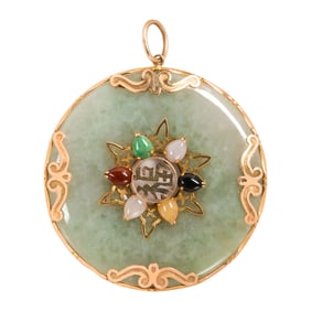 A multi-color jade and 14k gold pendant