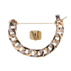 A diamond and 14k gold bracelet and ring