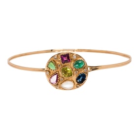 A gemstone, diamond and 14k gold bangle bracelet