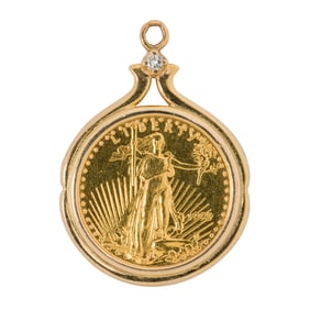 A gold coin, diamond and 14k gold pendant