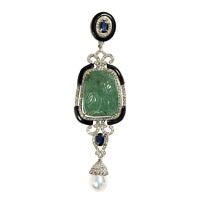 An emerald, sapphire, diamond, onyx, pearl and silver pendant