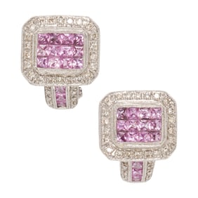 A pair of pink sapphire, diamond, and 14k earrings