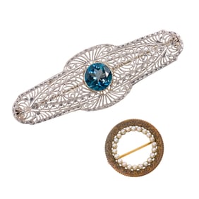 Two antique gem-set and 14k gold brooches
