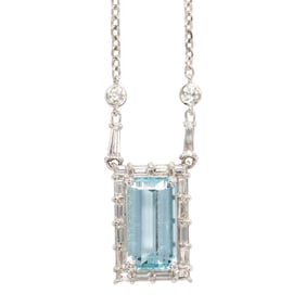 An aquamarine, diamond and 18k white gold necklace
