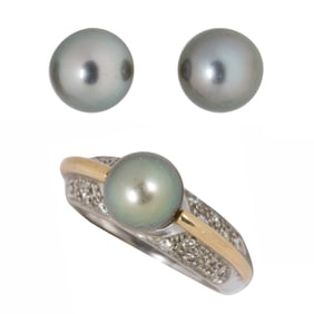 A cultured pearl, diamond, and 14k bi-color gold ring and pair of earrings