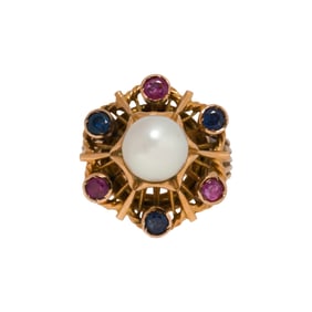 A cultured pearl, gem-set and 14k gold ring