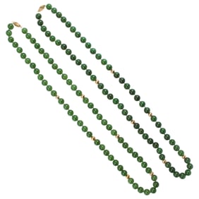 Two spinach jade and 14k gold beaded necklaces