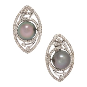 A pair of Tahitian cultured pearl, diamond, and 18k gold earrings