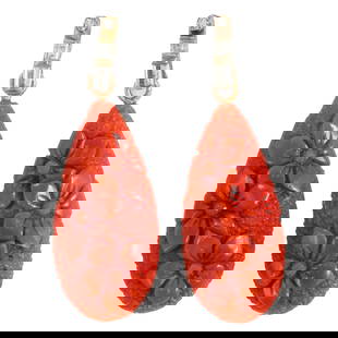 A pair of coral, diamond, and 14k gold earrings: A pair of coral, diamond, and 14k gold earringsFeaturing carved coral drops of floral motif measuring approximately 31.62 x 14.85 mm, accented by baguette and single-cut diamonds; 8.22 grams; length: