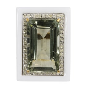 A prasiolite, white onyx, diamond, and silver ring