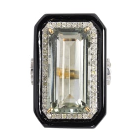 A prasiolite, onyx, diamond, silver and 14k gold ring