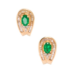 A pair of emerald, diamond, and 14k gold earrings