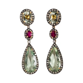 A pair of quartz, diamond, blackened silver and 14k gold earrings