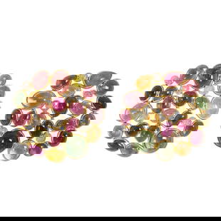 A pair of tourmaline, diamond, and 18k gold earrings: A pair of tourmaline, diamond, and 18k gold earringsFeaturing tourmaline cabochons of varying shapes and colors weighing 32.00 carats total, accented by single-cut diamonds; 12,32 grams; length: 1 1/8