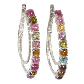 A pair of tourmaline, silver and 18k gold earrings