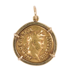 A Roman coin and 14k gold pendant necklace