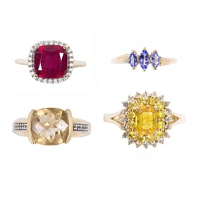 Four gem-stone and 10k gold and rings