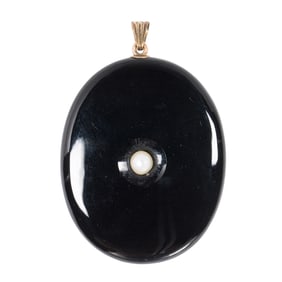 A Victorian onyx, cultured pearl and gold-filled mourning locket