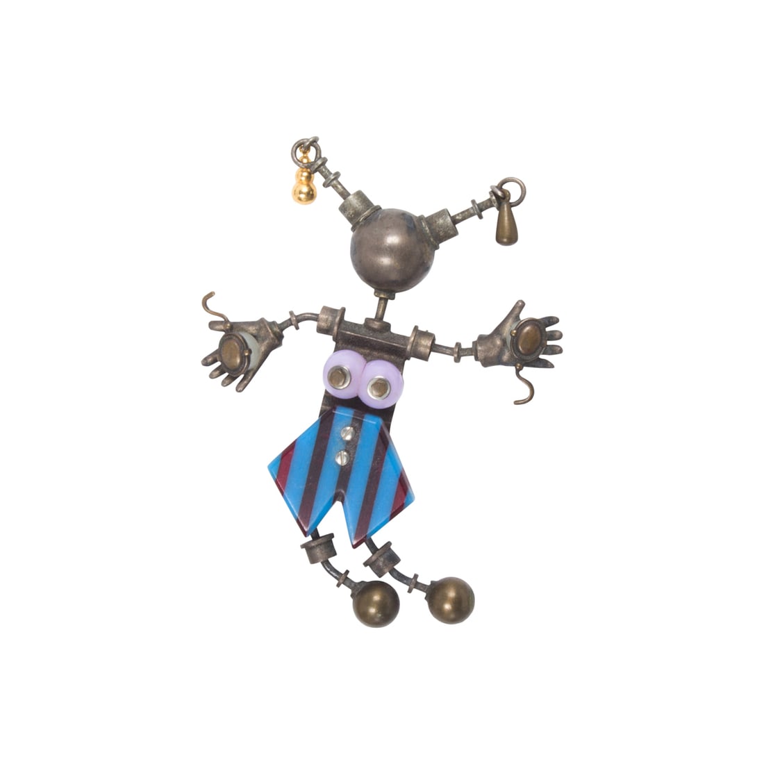 A Thomas Mann mixed media figural brooch, 1989: A Thomas Mann mixed media figural brooch, 1989in silver, brass and resin; 31.74 grams; measuring: 3 1/2 x 2 1/2 inThomas Robert Mann is an American jewelry artist, based in New Orleans, known primaril