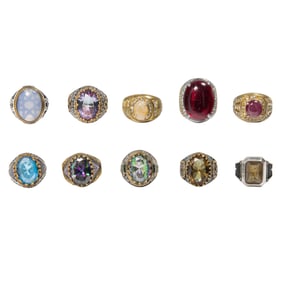 A group of silver and hardstone rings