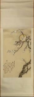 Chinese School - Sparrows and Plum blossoms: Chinese School - Sparrows and Plum blossoms. Hanging scroll, ink and color on paper, inscribed, signed, bearing a seal, 26"h x 15.75"w.