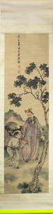 Chinese school -  Scholar official and attendant: Chinese school - Scholar official and attendant. Hanging scroll, ink and color on paper, signed, with two seals, 46"h x 13"w.