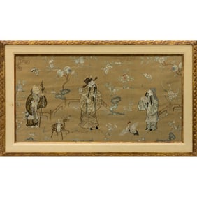 A Chinese embroidered 'three star gods' panel