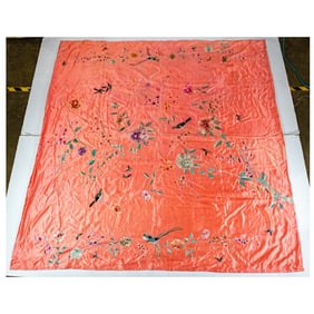 A Chinese embroidered pink-ground cover