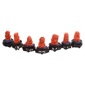 Set of Japanese coral figures of the Seven Gods of Fortune