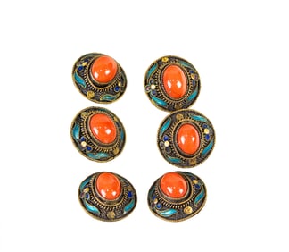 (lot of 6) Chinese enameled silver filigree and coral inlaid buttons