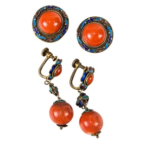 Two pairs of Chinese enameled silver filigree and coral inlaid ear clips
